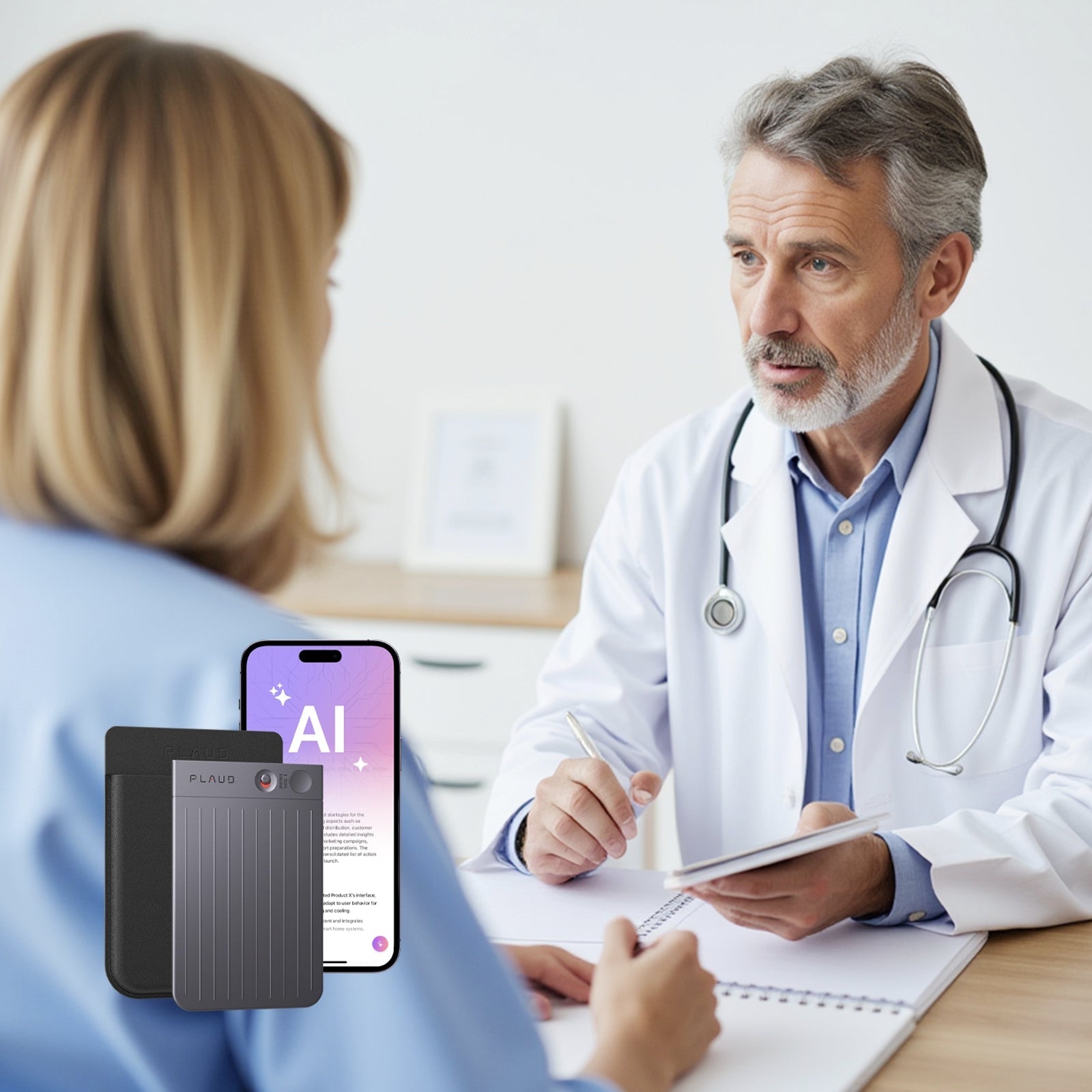 Ein Arzt berät eine Patientin; im Vordergrund ein graues Plaud Note und ein Smartphone mit KI-Anzeige.