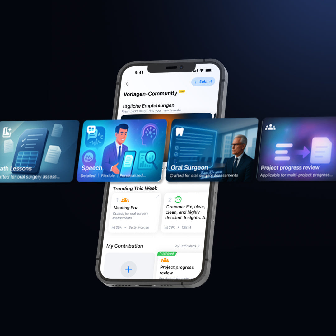 Plaud App auf einem Smartphone zeigt die Vorlagen-Community für verschiedene KI-gestützte Notizformate.