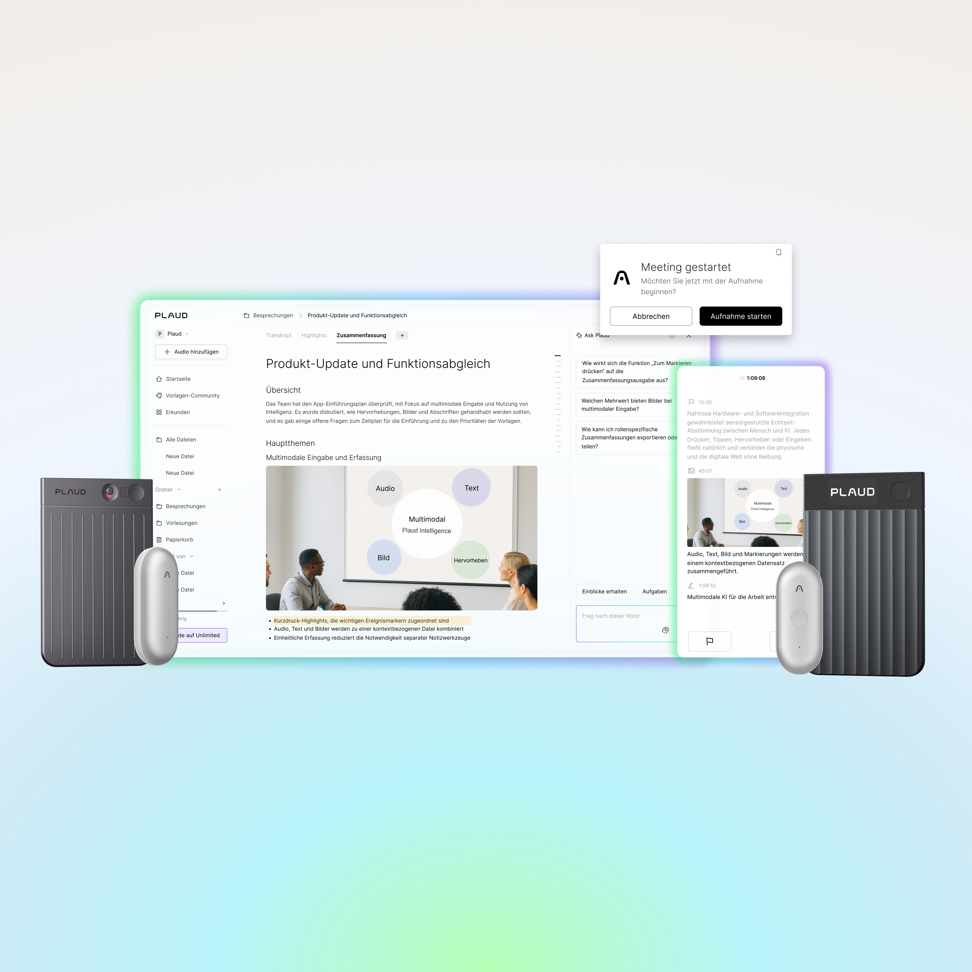 Schwarze Plaud Note Pro und silberne Plaud NotePin mit Plaud Web und Plaud App für KI-Meeting-Zusammenfassungen.