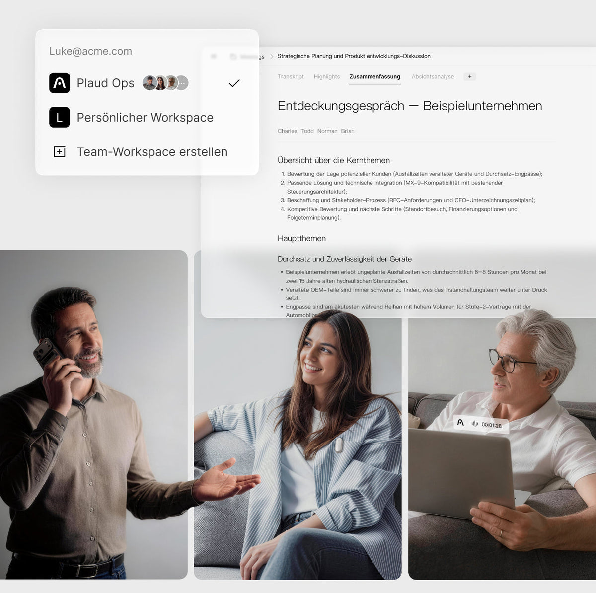 Plaud App Interface mit KI-Zusammenfassungen; Nutzer mit Plaud Note am Smartphone und Plaud NotePin an der Kleidung.