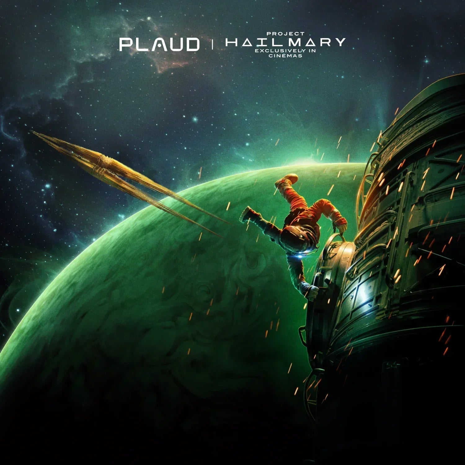 Plaud Partnerschaft mit dem Film Project Hail Mary: Ein Astronaut im Weltraum vor einem großen grünen Planeten.