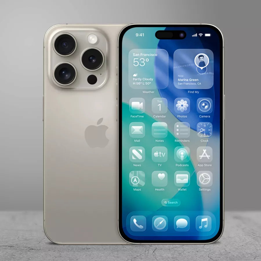 Vorder- und Rückansicht eines iPhones in Titan-Optik mit sichtbarem iOS-Home-Bildschirm.