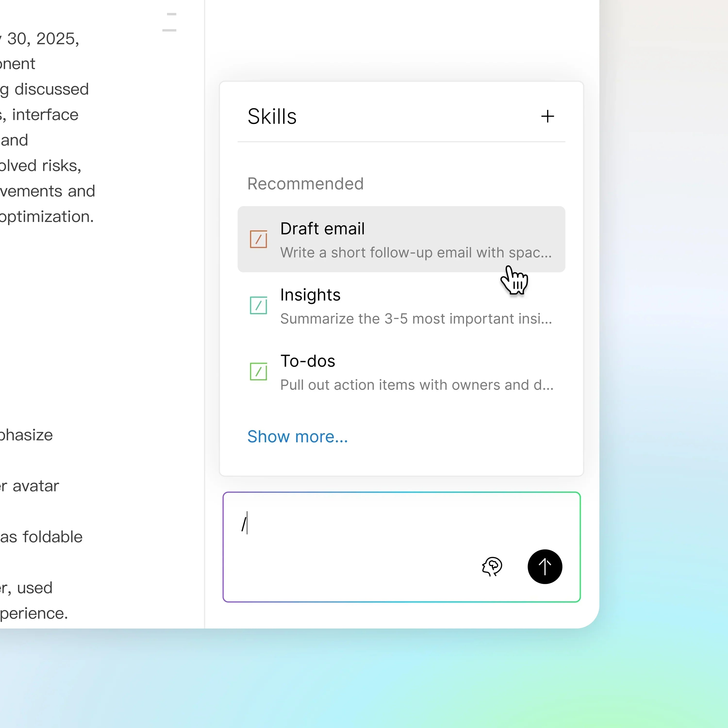 Plaud App Menü 'Skills' mit KI-Funktionen für E-Mail-Entwürfe, Insights und To-do-Listen.
