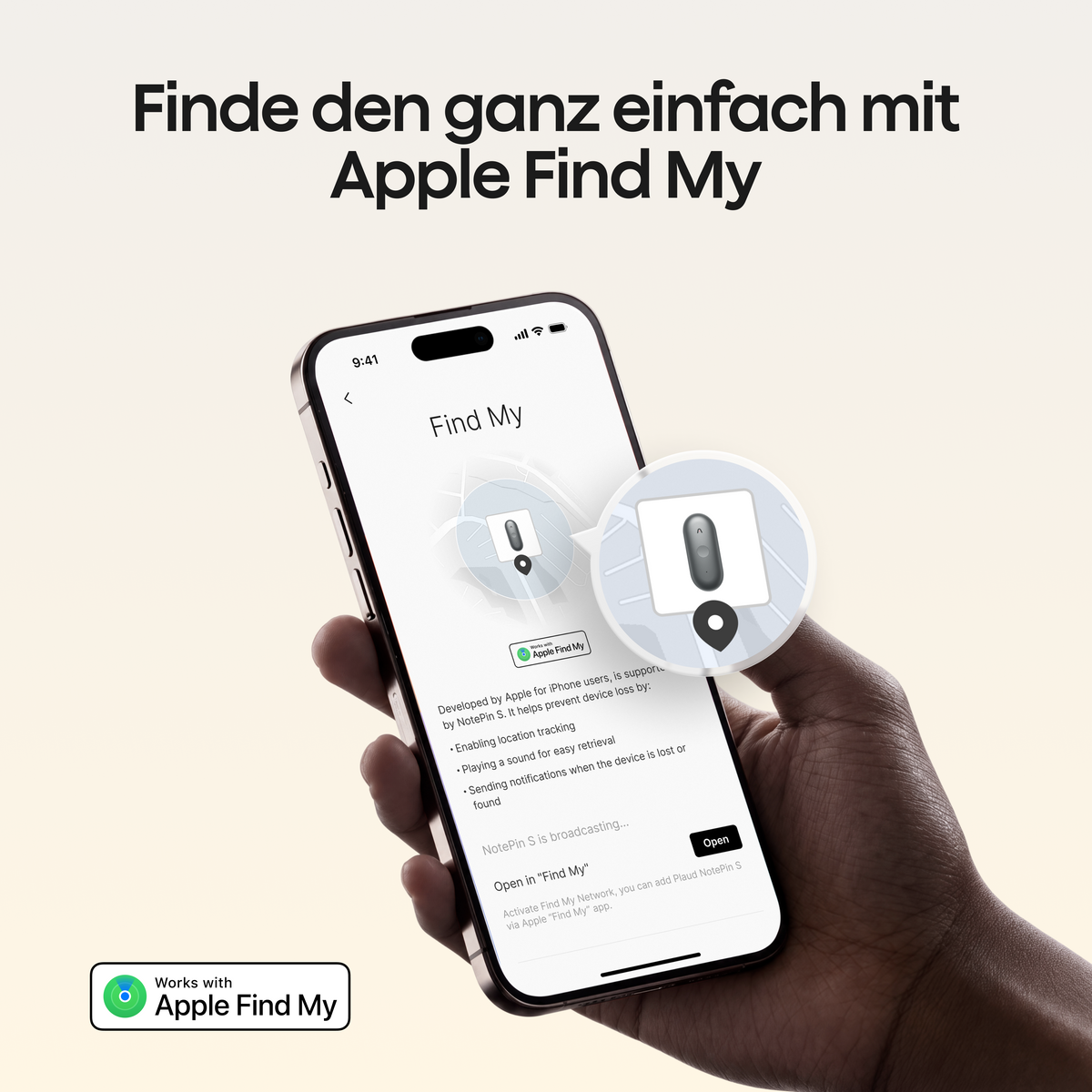 Ein Smartphone zeigt die Apple Find My App, mit der ein Plaud NotePin S auf einer Karte lokalisiert und verfolgt werden kann.