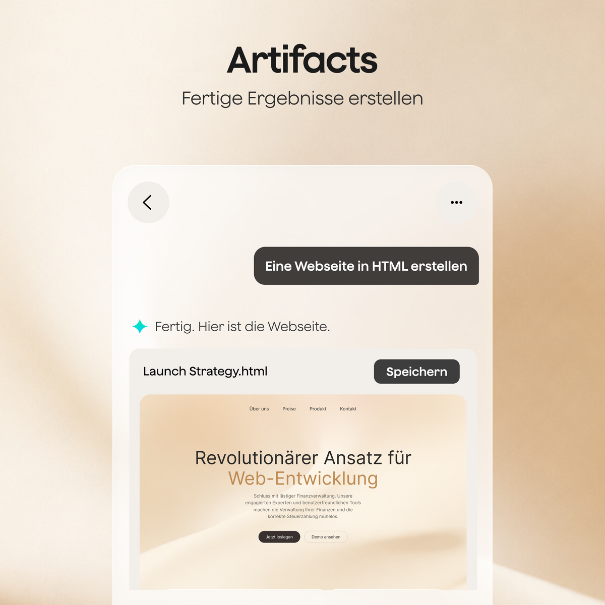 Die Plaud App zeigt die Funktion Artifacts, mit der Nutzer durch einfache Befehle fertige Ergebnisse wie eine HTML-Webseite erstellen.