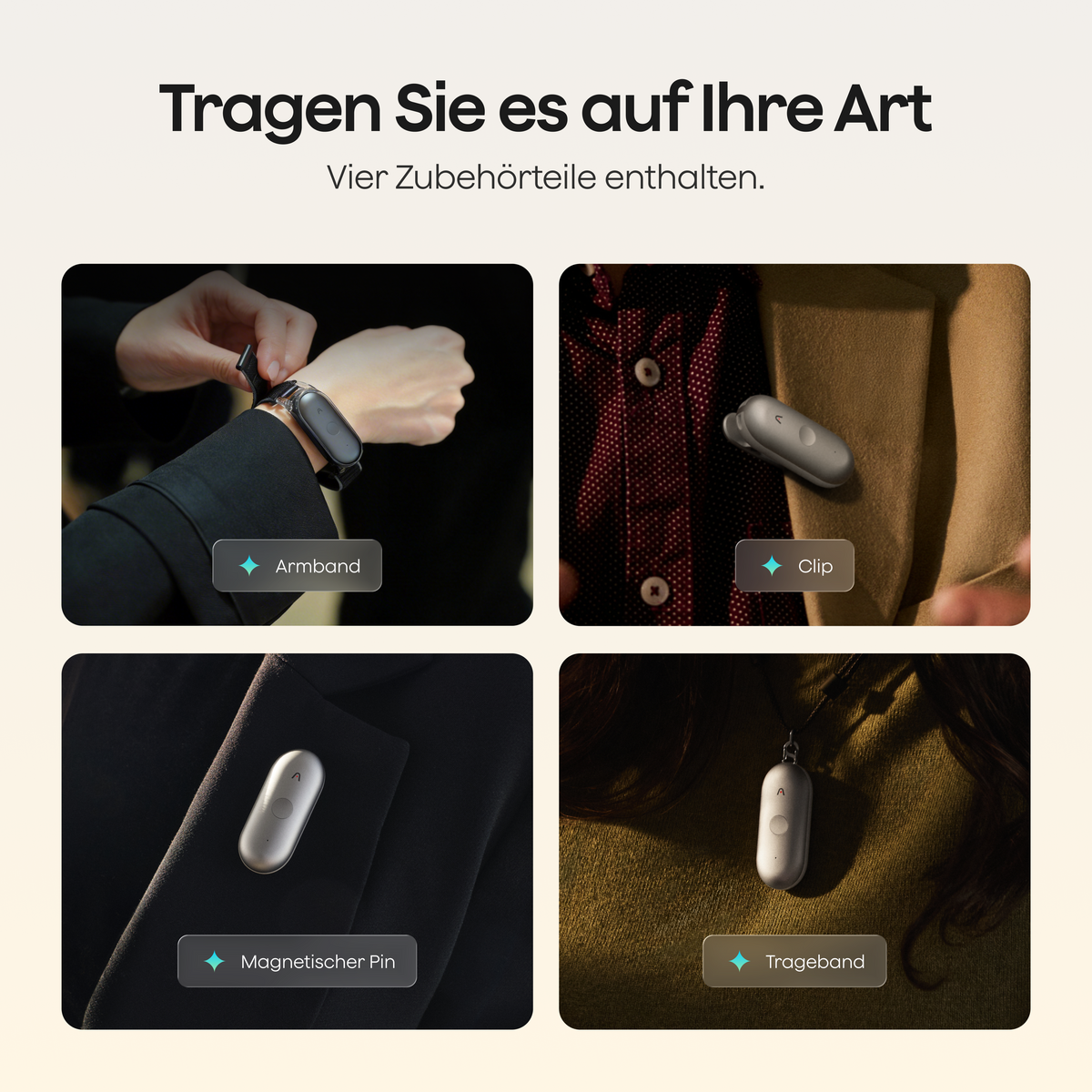 Das Plaud NotePin S in Schwarz und Silber wird mit den vier Zubehörteilen Armband, Clip, magnetischer Pin und Trageband präsentiert.