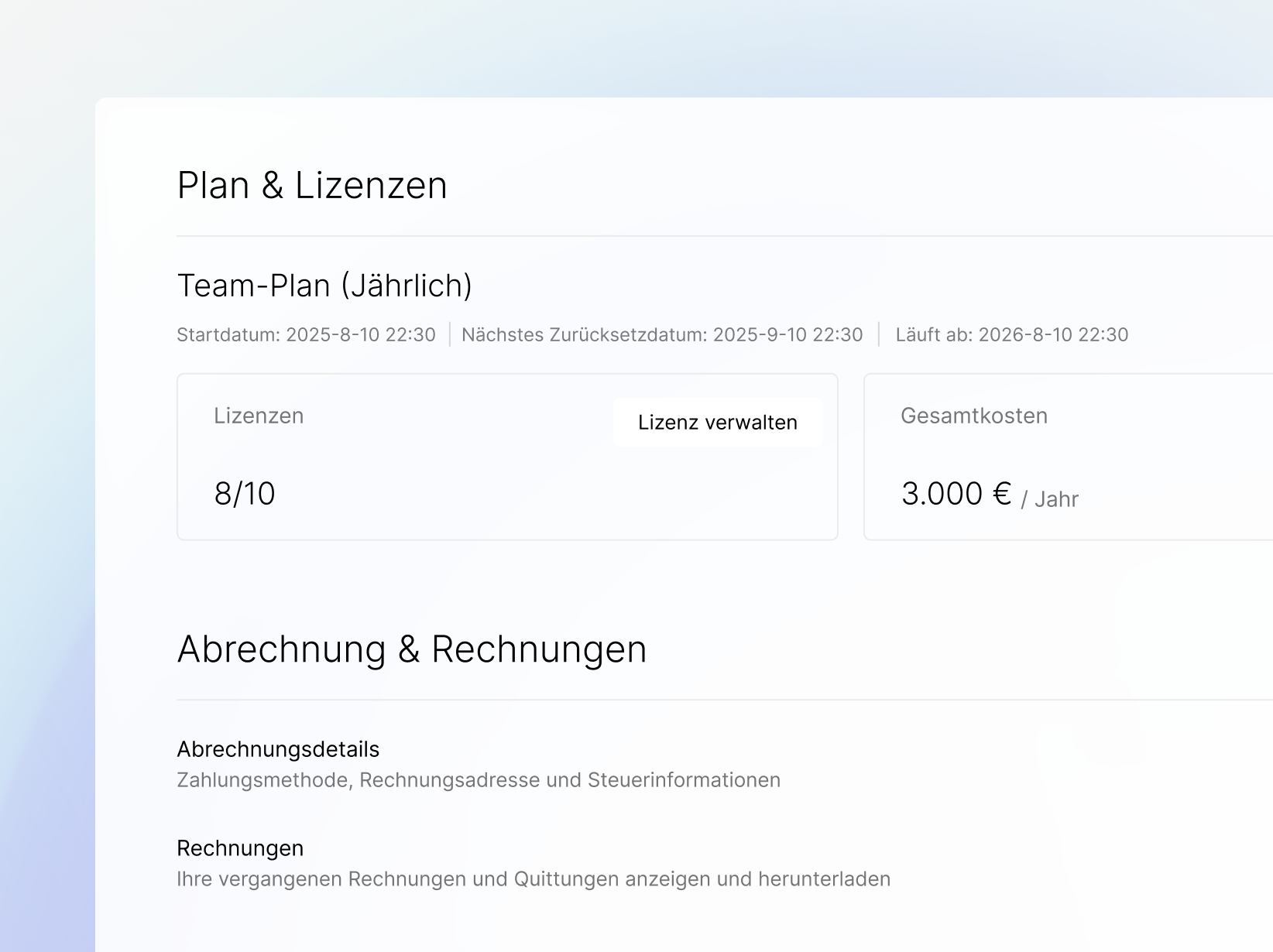 Plaud Web Interface zeigt Team-Plan Details: 8 von 10 Lizenzen belegt, Gesamtkosten 3.000 € pro Jahr.