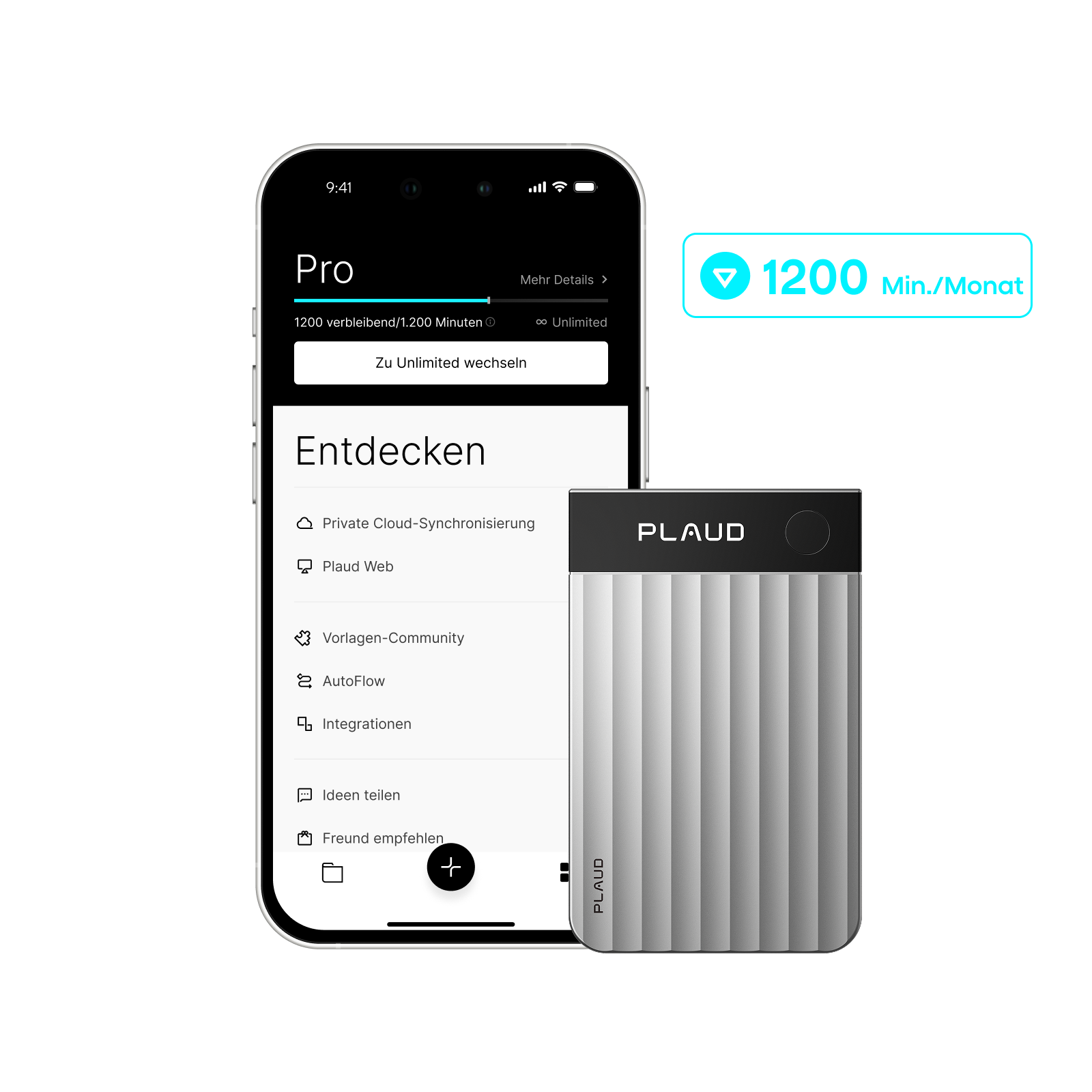 Silberner Plaud Note Pro und Smartphone mit Plaud App, die 1200 Transkriptionsminuten im Plaud Pro Plan zeigt.
