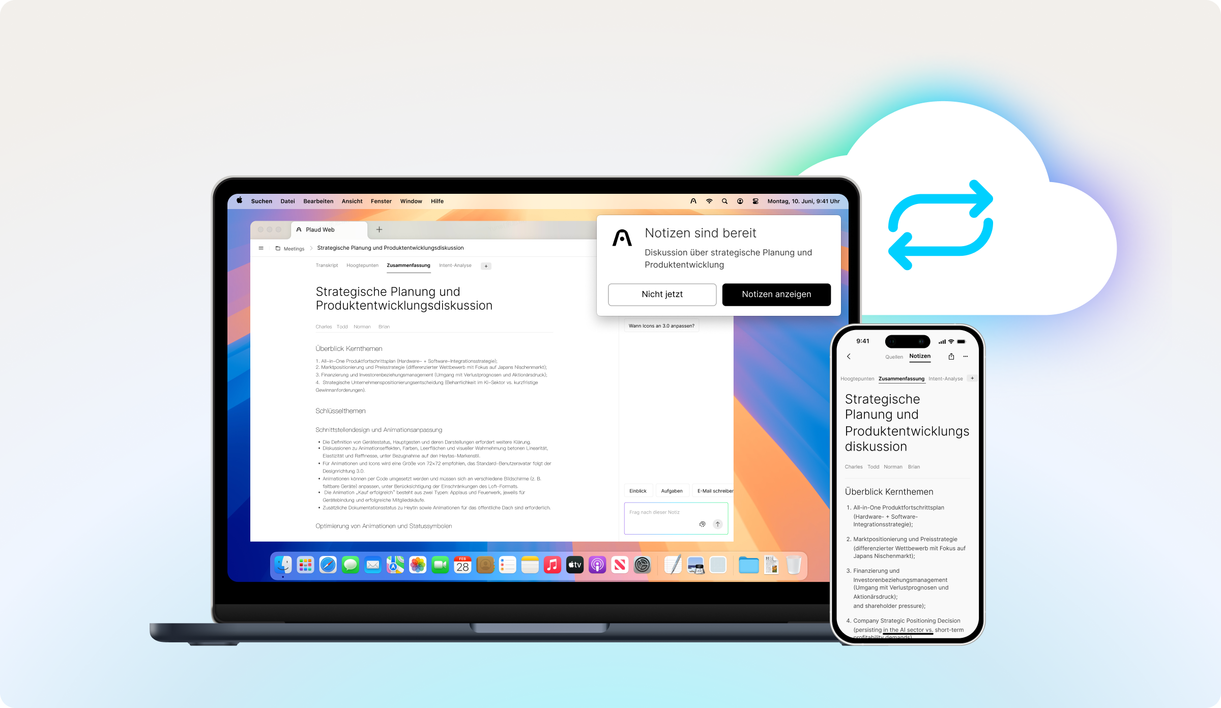 Plaud Web und Plaud App synchronisieren Notizen nahtlos zwischen Laptop und Smartphone via Cloud.