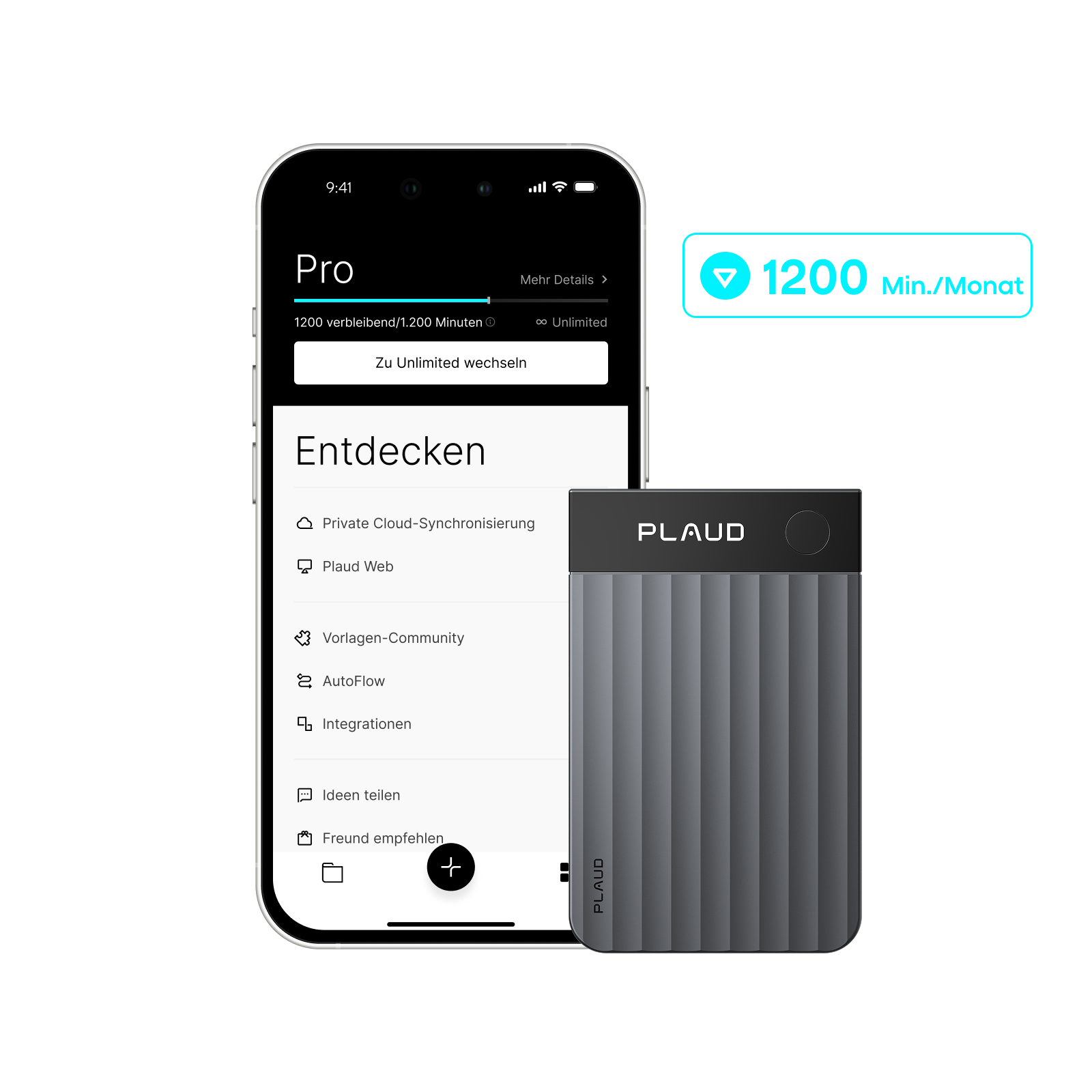 Grauer Plaud Note Pro neben Smartphone mit Plaud App; zeigt den Pro Plan mit 1200 Inklusivminuten pro Monat.