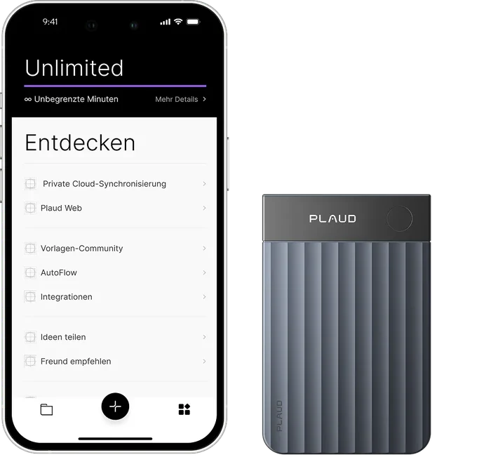 Plaud Note Pro neben einem Smartphone mit der Plaud App
