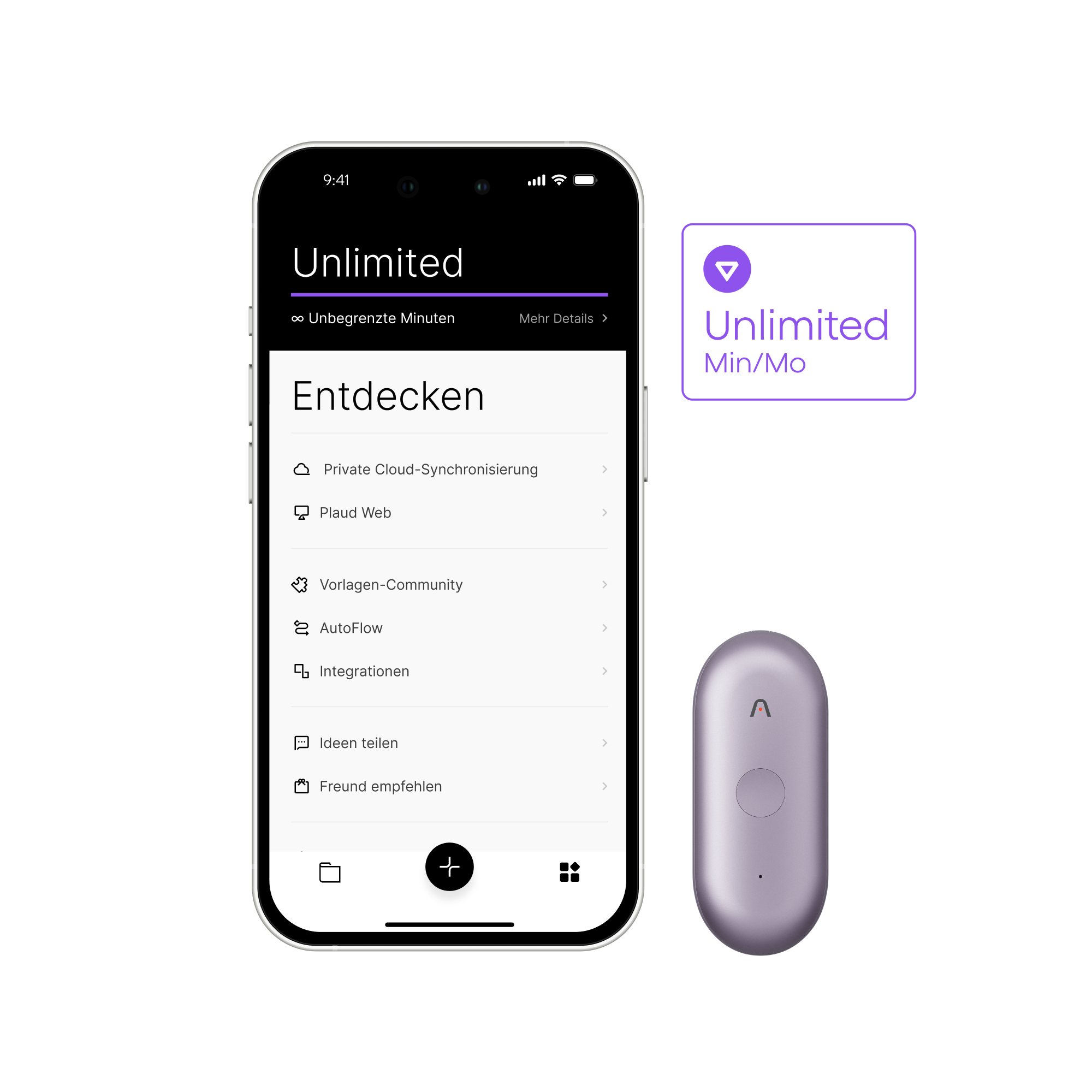 Lila Plaud NotePin S neben Smartphone mit Plaud App, die den Plaud Unlimited Plan für unbegrenzte Minuten anzeigt.