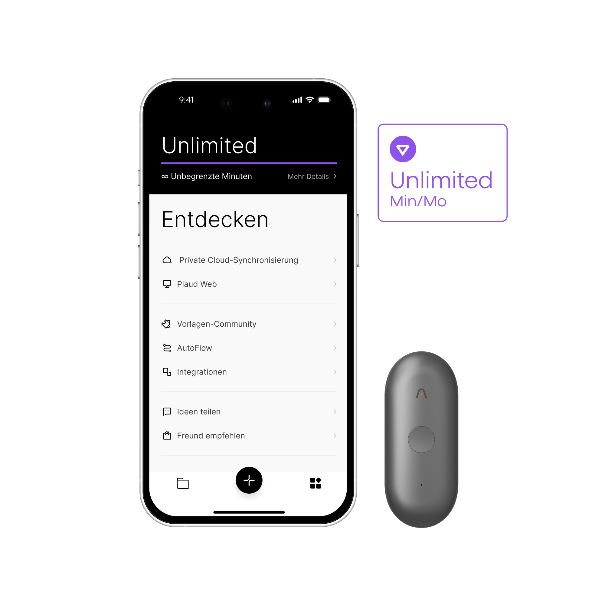 Plaud App mit Plaud Unlimited Plan auf einem Smartphone neben einem grauen Plaud NotePin S.