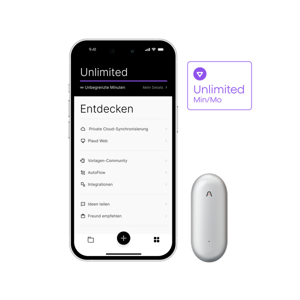 Silberner Plaud NotePin neben Smartphone mit Plaud App und Details zum Plaud Unlimited Plan für unbegrenzte Minuten.