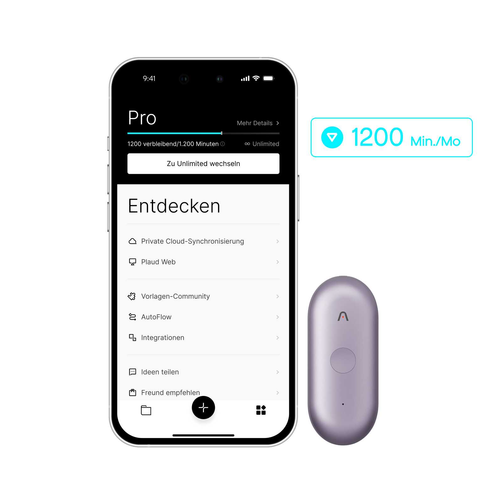 Lila Plaud NotePin S neben Smartphone mit Plaud App: Plaud Pro Plan bietet 1200 Transkriptionsminuten pro Monat.