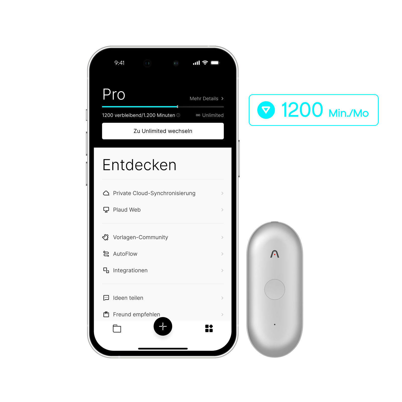 Plaud App zeigt Plaud Pro Plan mit 1200 Min./Monat neben einem silbernen Plaud NotePin S.
