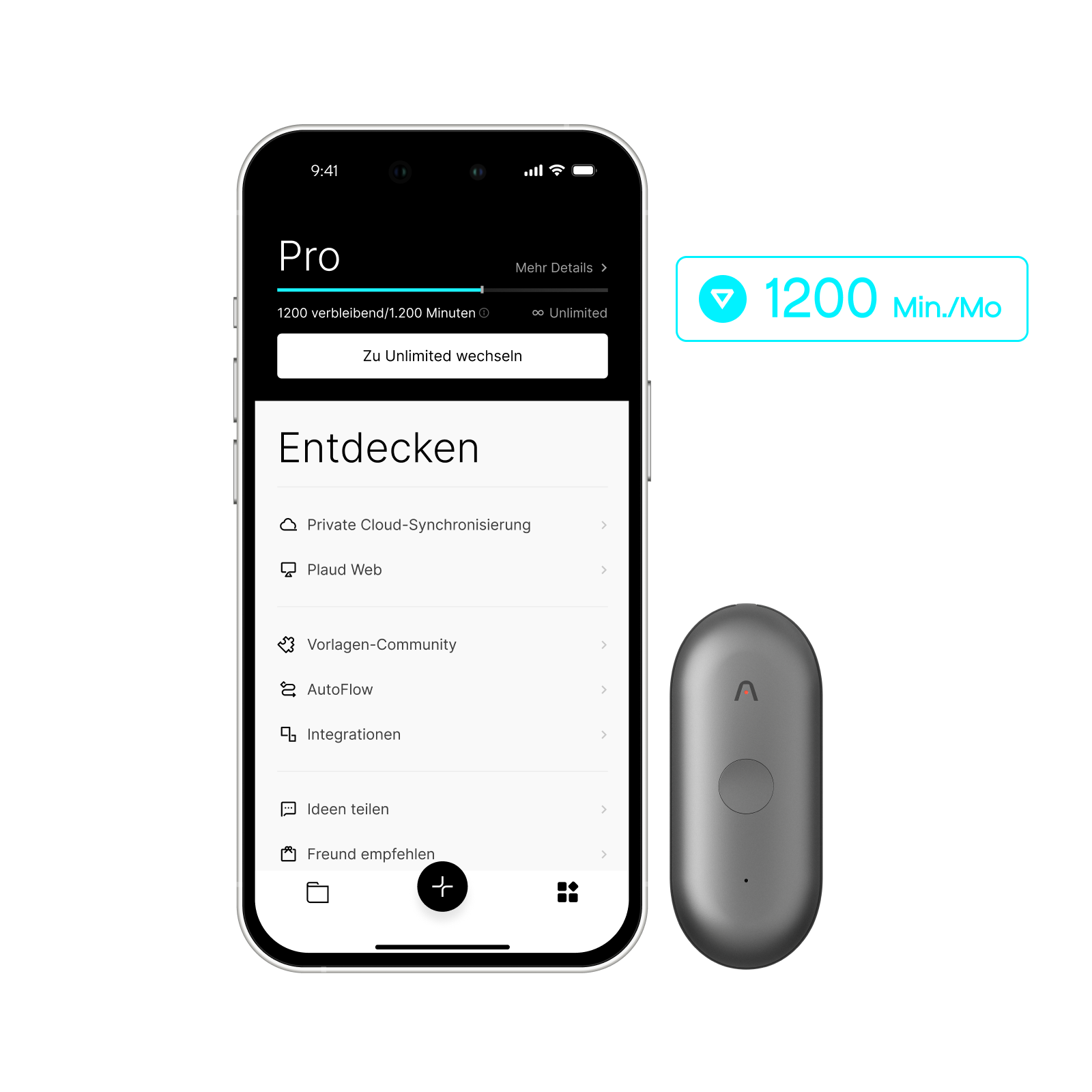Grauer Plaud NotePin S neben Smartphone mit Plaud App, die den Plaud Pro Plan mit 1200 Minuten pro Monat zeigt.