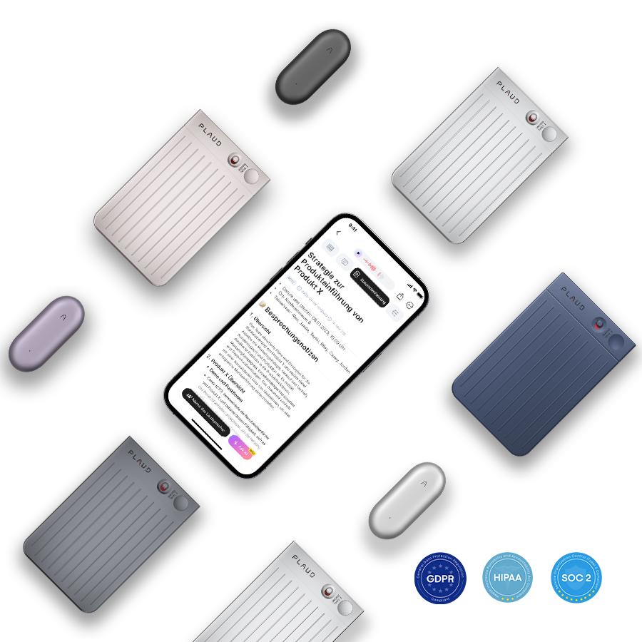 Plaud Note und Plaud NotePin in verschiedenen Farben mit der Plaud App sowie GDPR, HIPAA und SOC 2 Siegeln.