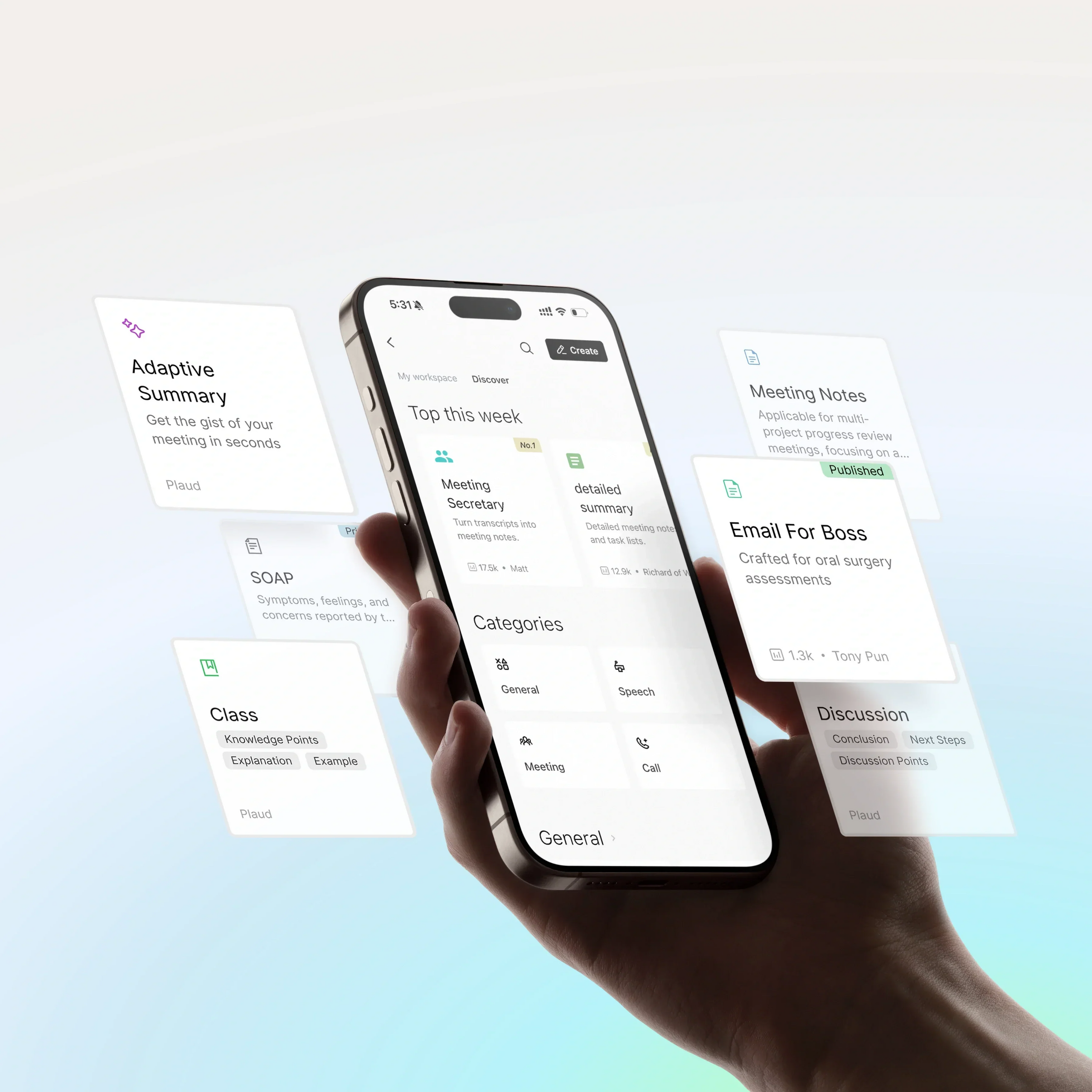 Smartphone mit der Plaud App und verschiedenen KI-Vorlagen für Zusammenfassungen wie Meeting Notes und Adaptive Summary.