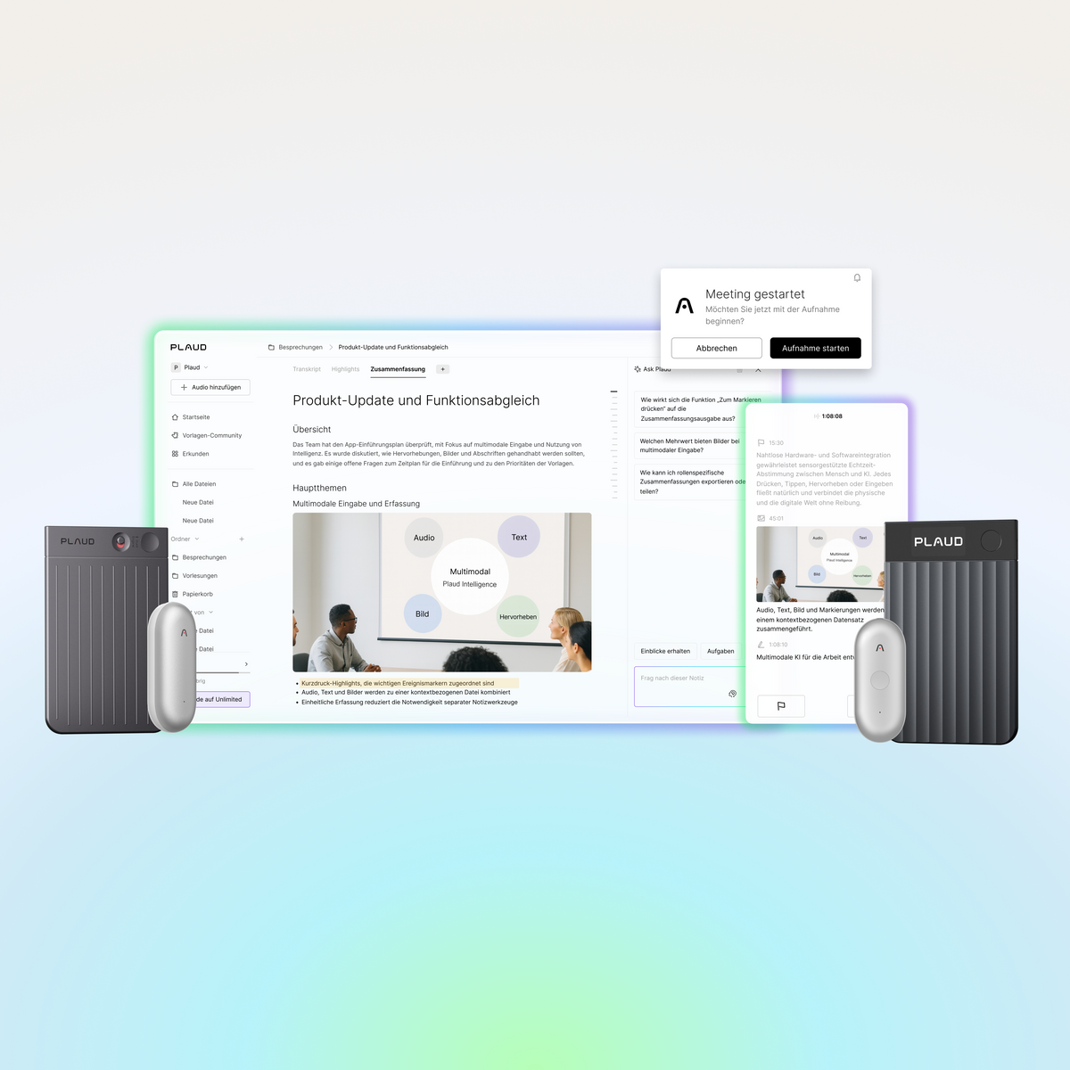 Schwarze Plaud Note Pro und silberne Plaud NotePin mit Plaud Web und Plaud App für KI-Meeting-Zusammenfassungen.