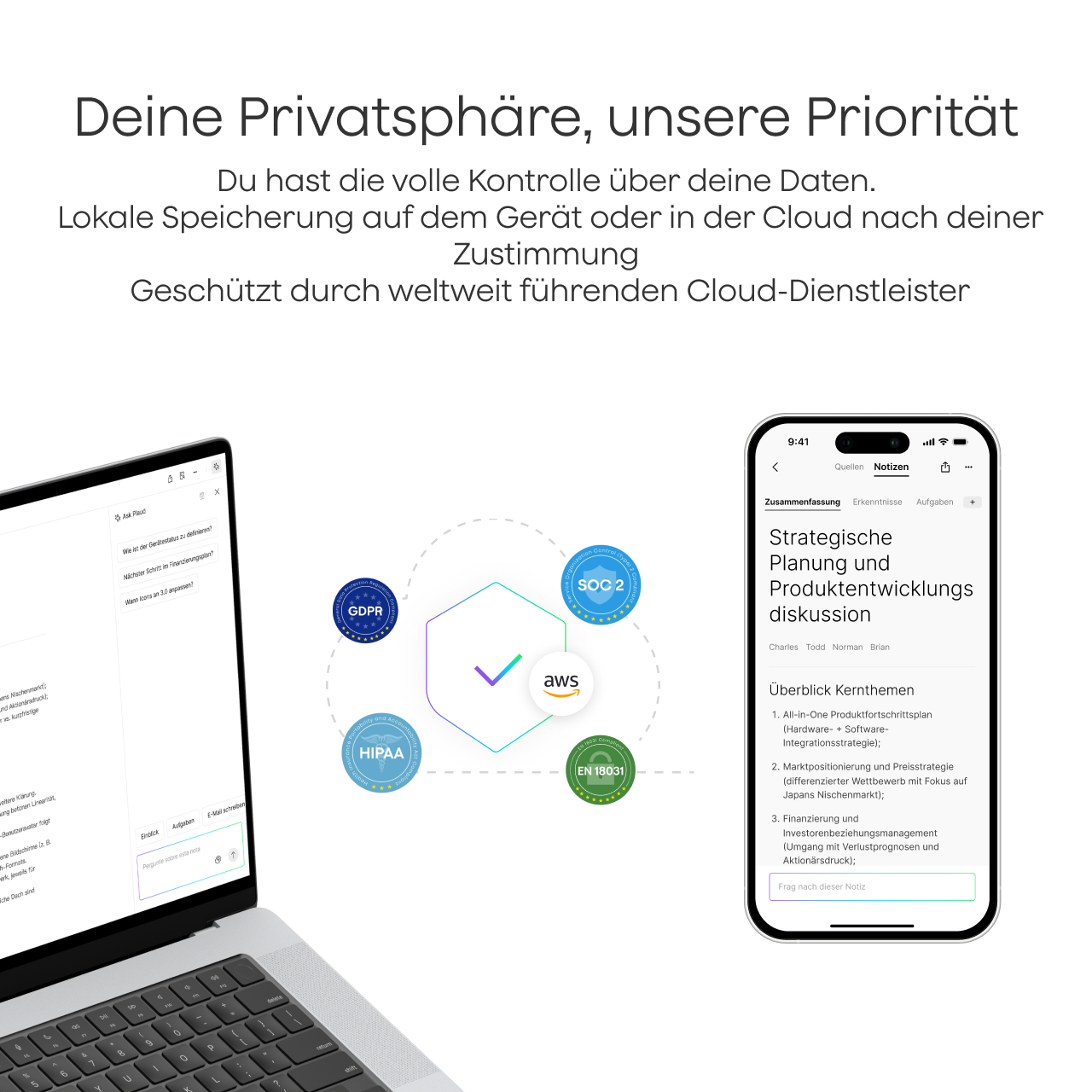 Plaud App Datensicherheit: SOC 2, HIPAA, GDPR und EN18031 Konformität für Notizen auf Smartphone und Laptop.