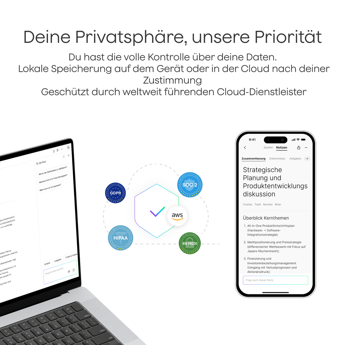 Plaud App Datensicherheit: SOC 2, HIPAA, GDPR und EN18031 Konformität für Notizen auf Smartphone und Laptop.