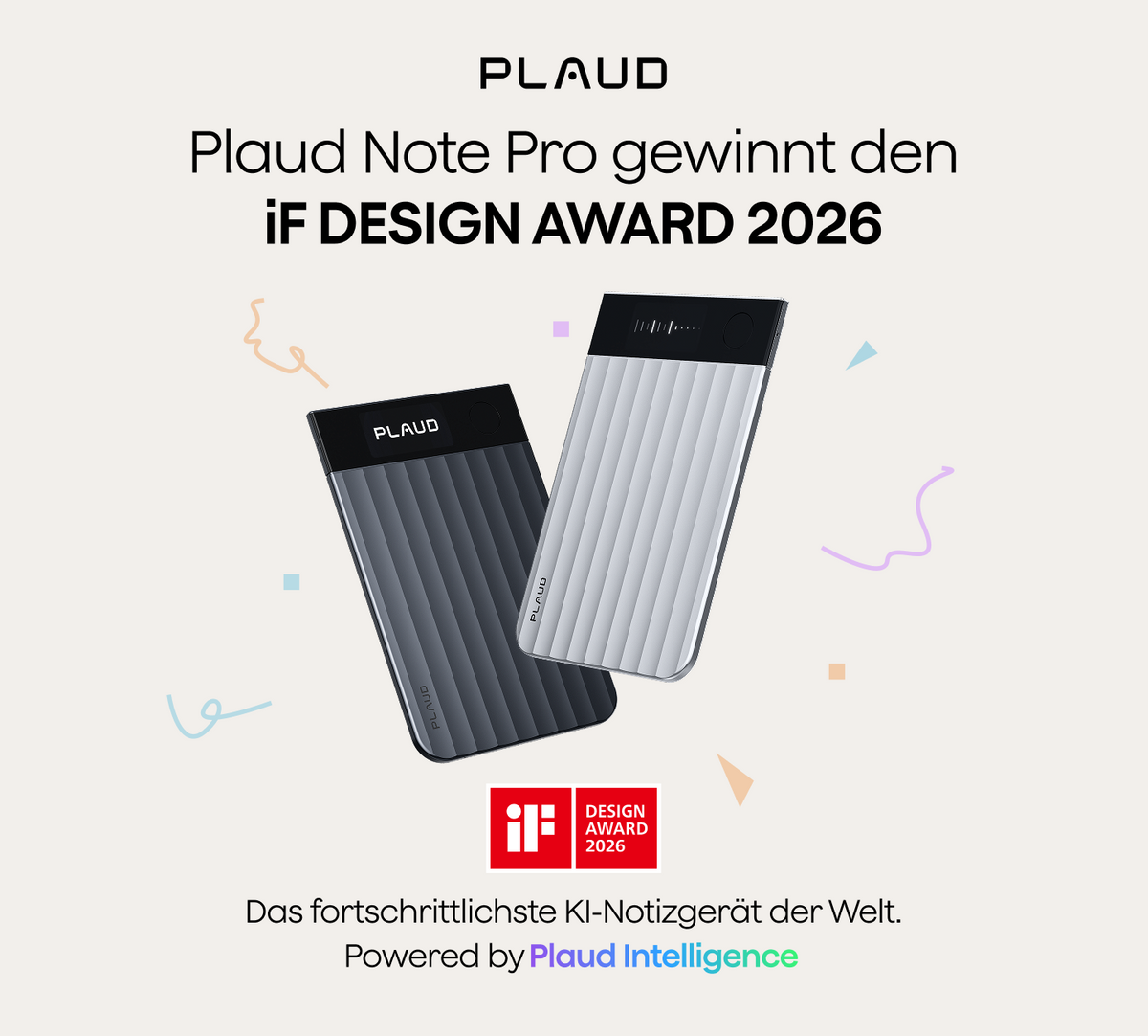 Plaud Note Pro in Silber und Schwarz gewinnt den iF DESIGN AWARD 2026.