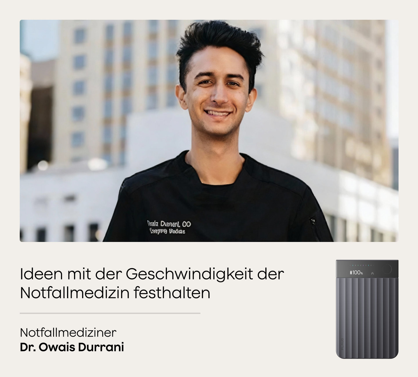 Dr. Owais Durrani mit dem Plaud Note Pro in Space Gray zur schnellen Ideenerfassung in der Notfallmedizin.