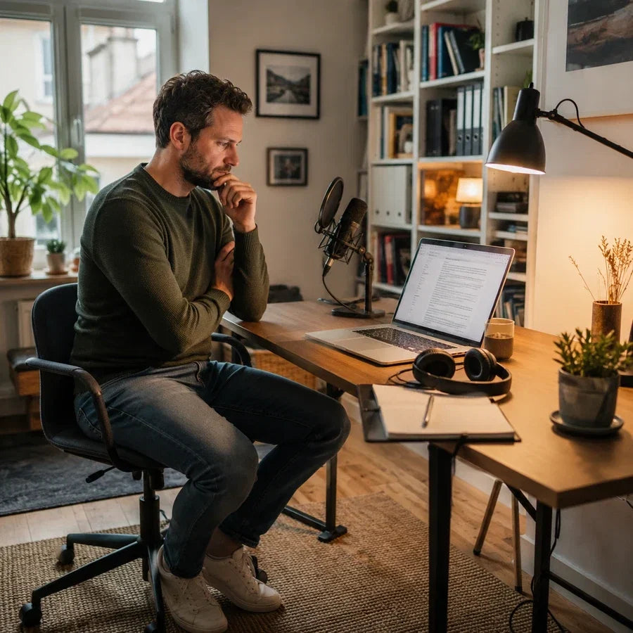 Mann arbeitet abends am Schreibtisch mit Laptop, Mikrofon und Kopfhörern
