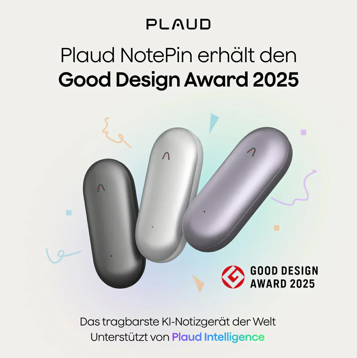 Plaud NotePin erhält den Good Design Award 2025. Tragbare KI-Notizgeräte in Silber, Grau und Lila von Plaud Intelligence.