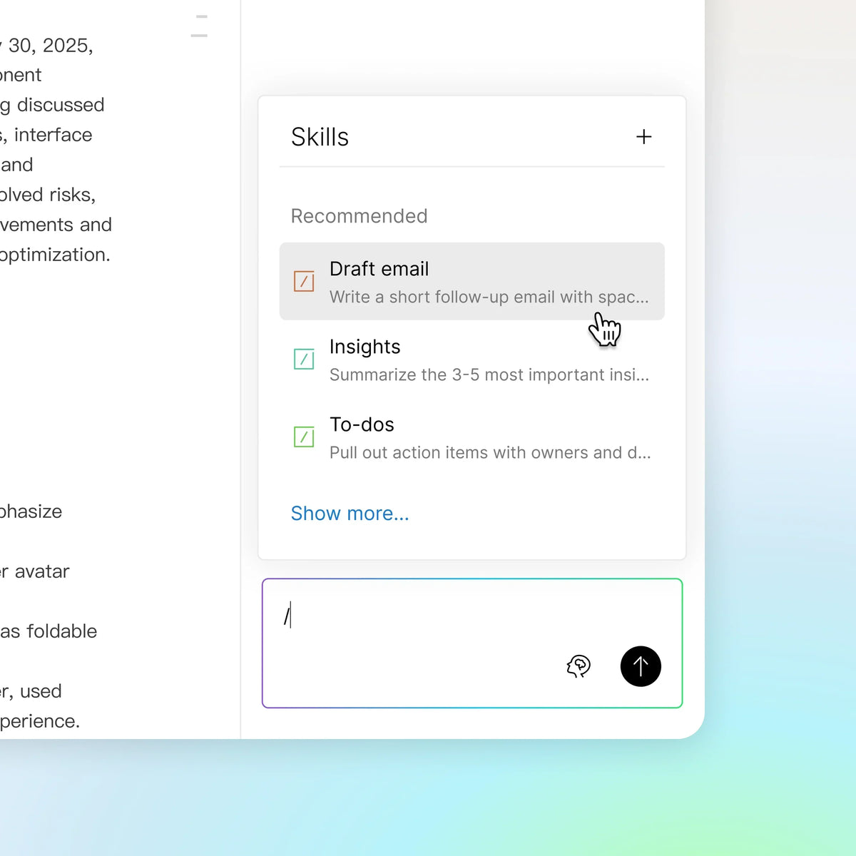 Plaud App Menü 'Skills' mit KI-Funktionen für E-Mail-Entwürfe, Insights und To-do-Listen.