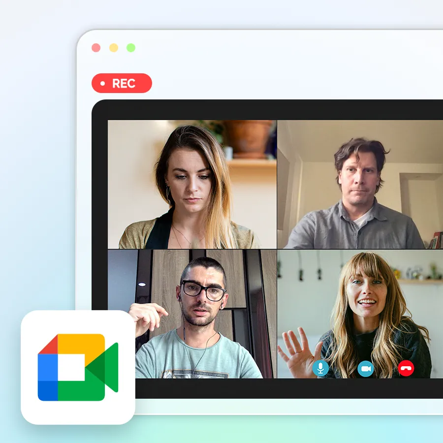 Aufnahme einer Google Meet Videokonferenz mit vier Teilnehmern über die Plaud App oder Plaud Web.