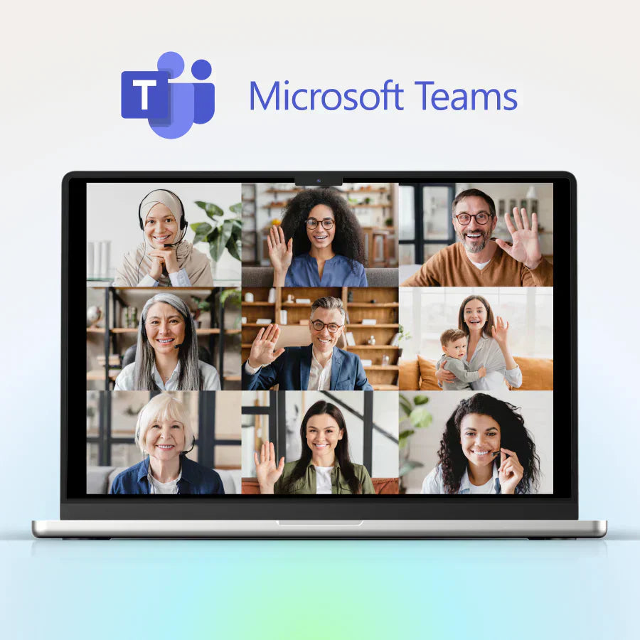 Laptop-Bildschirm mit einer Microsoft Teams Videokonferenz und neun Teilnehmern.