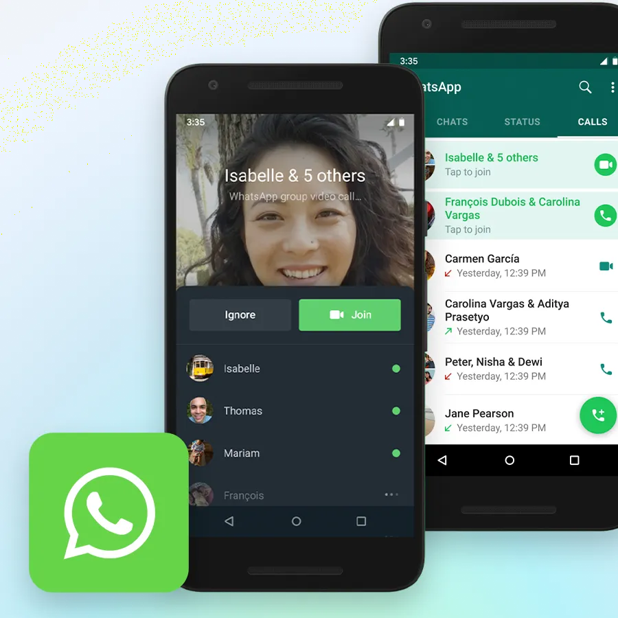 WhatsApp-Logo und Smartphones, die einen aktiven Gruppen-Videoanruf und die Anrufliste in der App zeigen.