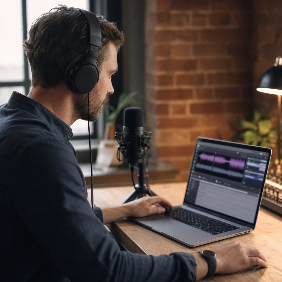 Person mit Kopfhörern transkribiert Audio auf einem Laptop