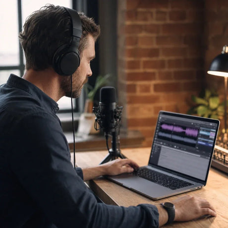 Person mit Kopfhörern transkribiert Audio auf einem Laptop