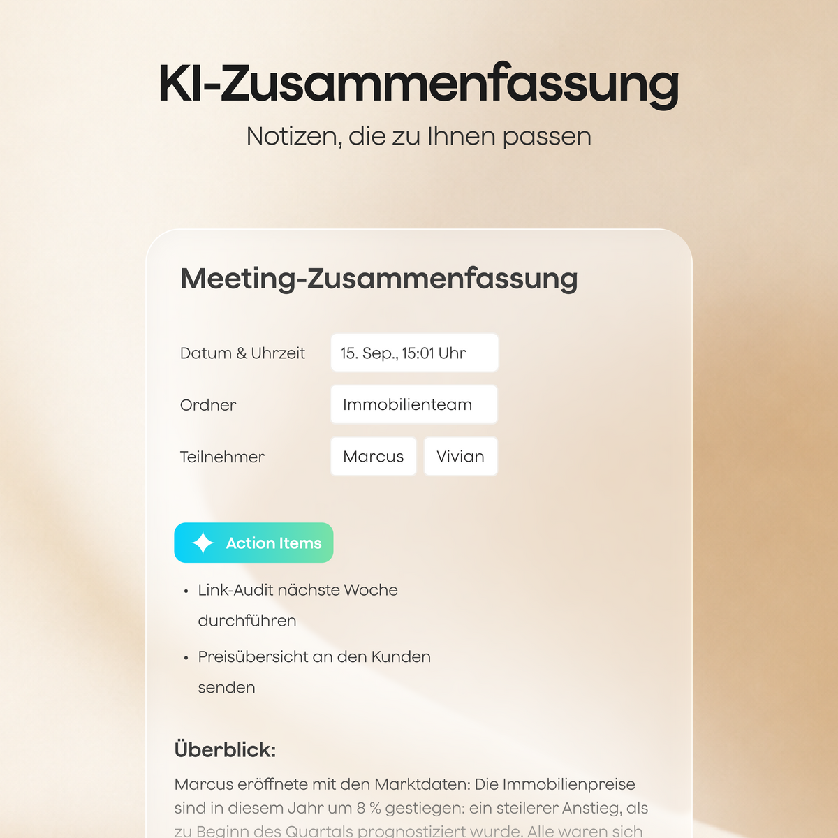 Die Plaud App zeigt eine KI-Zusammenfassung eines Meetings für ein Immobilienteam mit Teilnehmern, Action Items und einem Überblick.