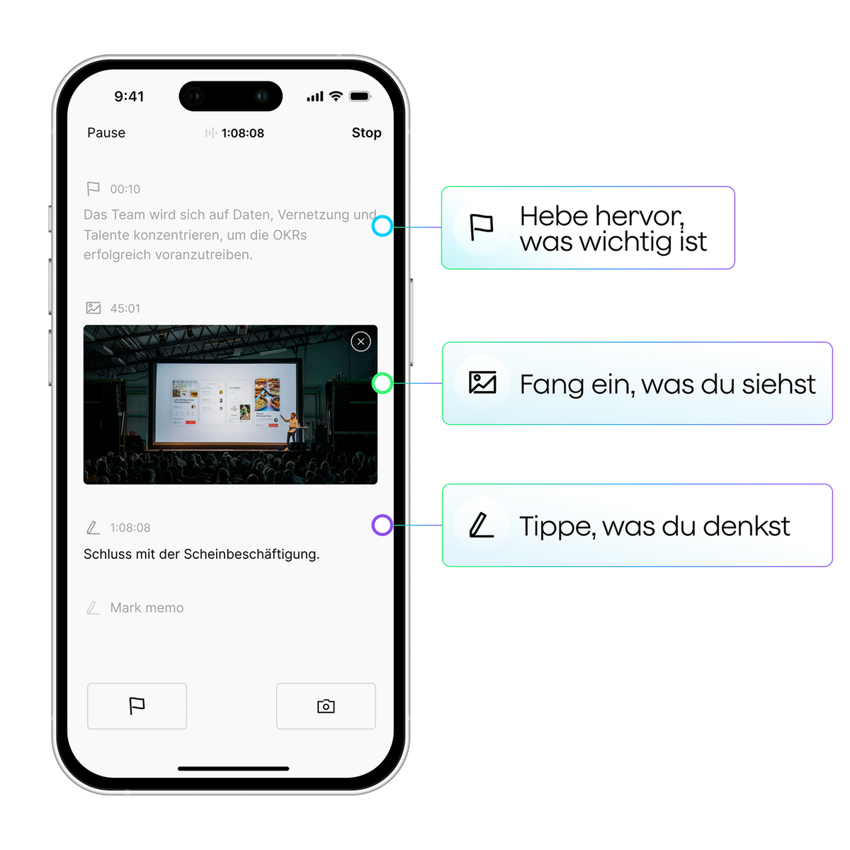 Plaud App: Wichtiges markieren, Fotos erfassen und Notizen tippen während der KI-Sprachaufnahme.