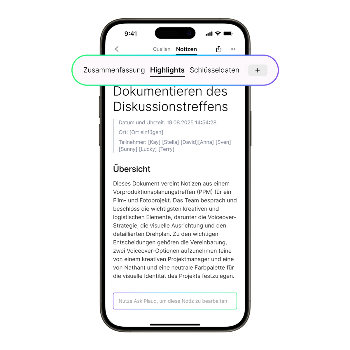 Plaud App auf einem Smartphone zeigt KI-generierte Notizen, Highlights und eine Zusammenfassung eines Meetings.