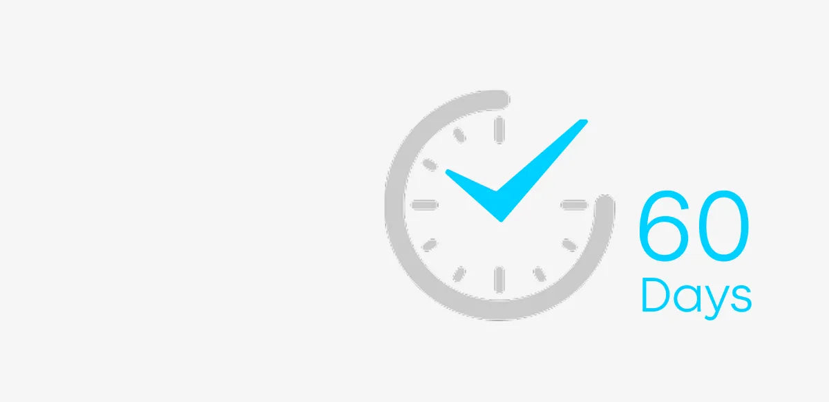 Uhr-Symbol mit blauem Häkchen und Text '60 Days' zur Darstellung einer 60-tägigen Dauer.