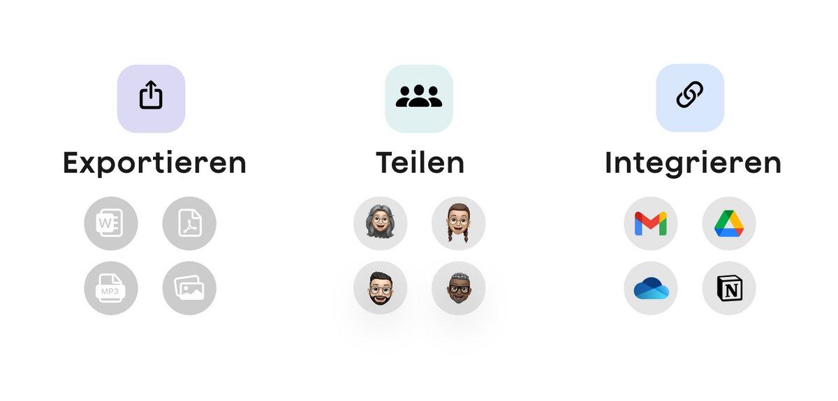 Plaud App Funktionen zum Exportieren, Teilen und Integrieren in Apps wie Gmail, Google Drive, OneDrive und Notion.
