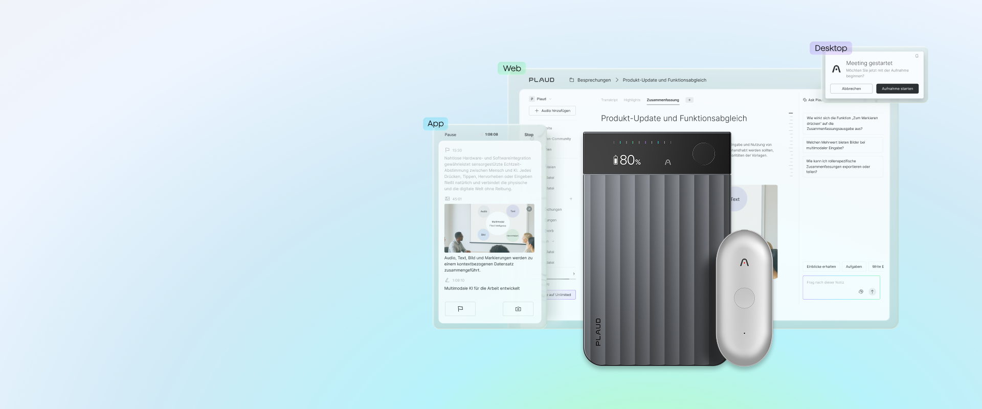 Schwarzer Plaud Note Pro und silberner Plaud NotePin mit Plaud App, Plaud Web und Plaud Desktop Oberflächen.