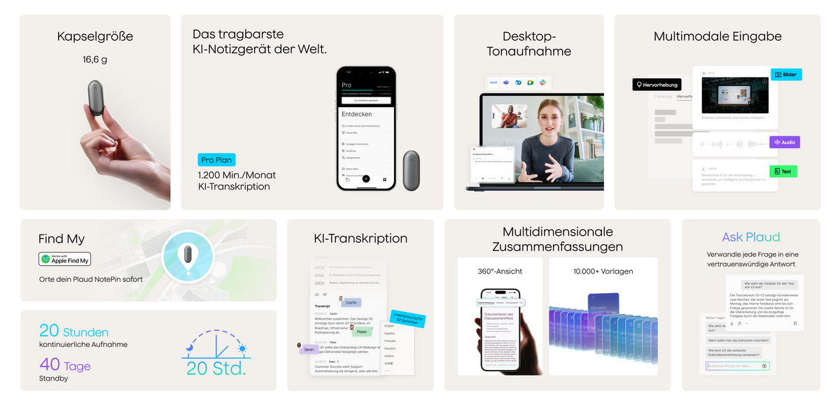 Plaud NotePin Funktionen: 16,6g leicht, KI-Transkription, 20h Aufnahme, Apple Find My Support und Ask Plaud KI-Assistent.