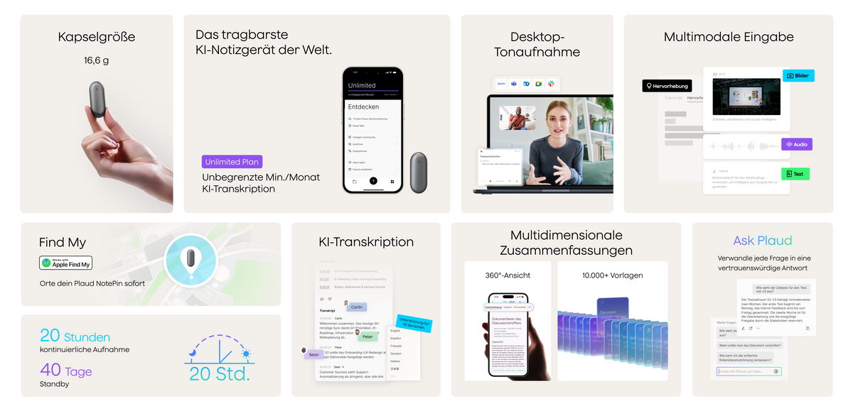 Plaud NotePin Features: 16,6g leicht, KI-Transkription, Find My, 20h Aufnahme und multidimensionale Zusammenfassungen.