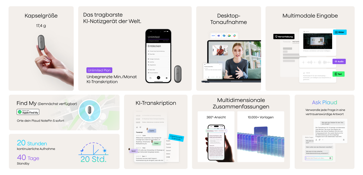 Funktionen des Plaud NotePin S: KI-Transkription, 20h Aufnahmezeit, Apple Find My Support und kompaktes Kapsel-Design.