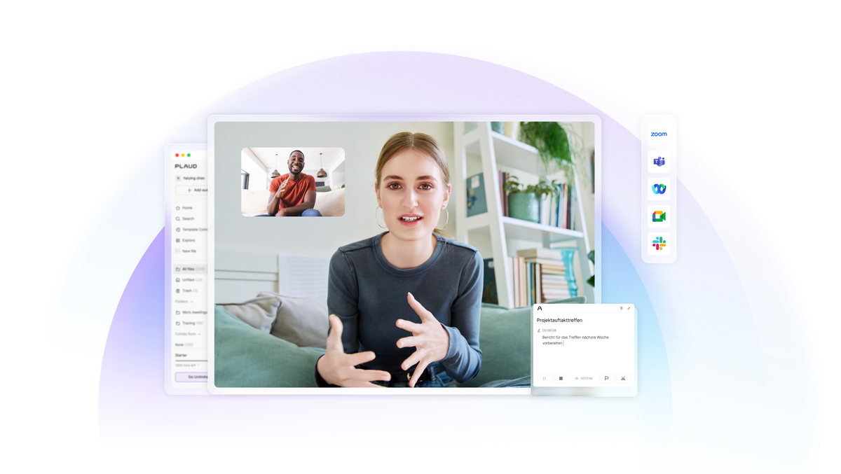 Plaud Web erstellt automatische Transkriptionen und Notizen für Online-Meetings in Zoom, Teams und Google Meet.