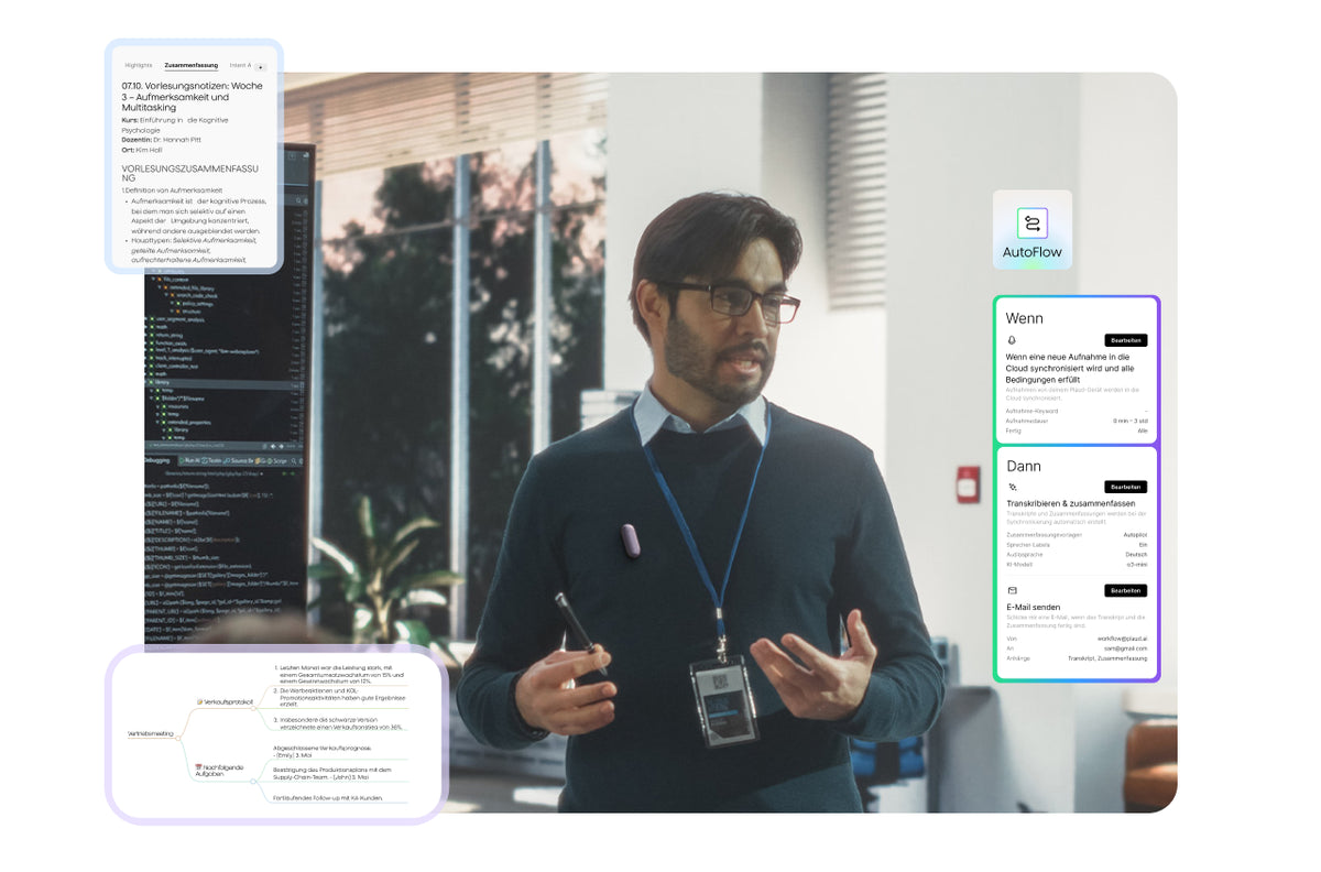 Ein Mann nutzt den Plaud NotePin für automatisierte Workflows mit AutoFlow und KI-Zusammenfassungen.