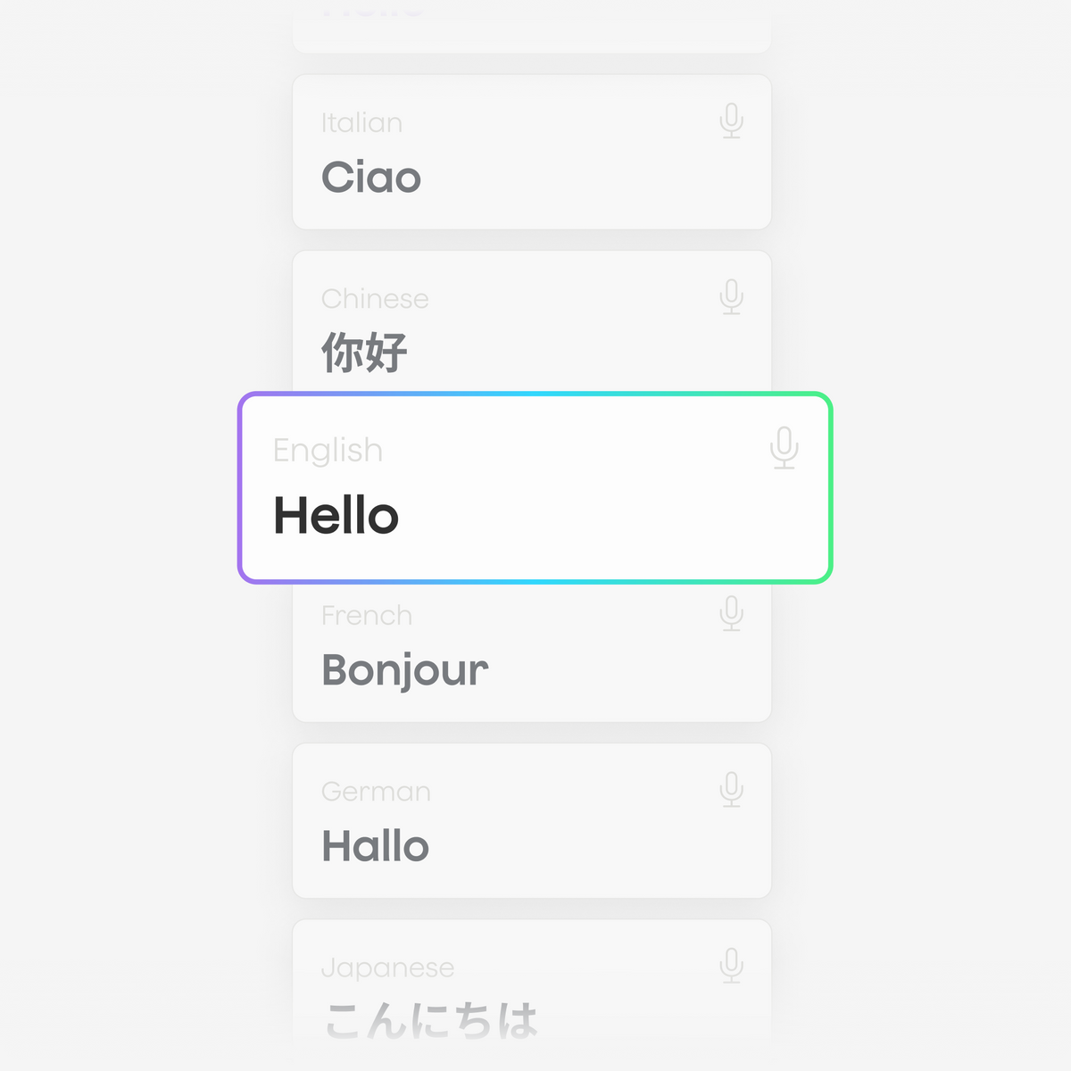 Mehrsprachige Transkription in der Plaud App mit Beispielen wie Englisch, Deutsch, Französisch und Japanisch.