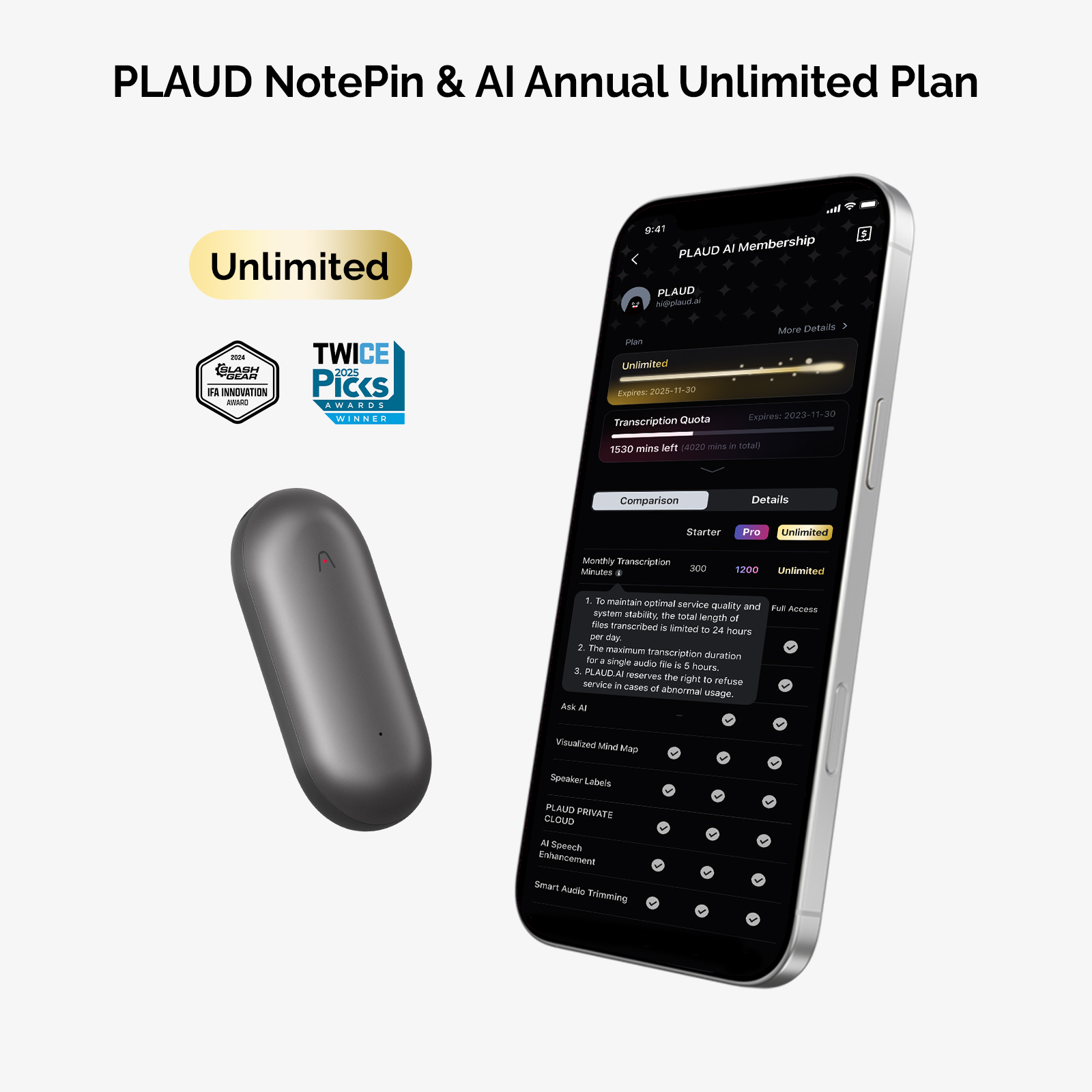 PLAUD NotePin & KI Unbegrenzter Jahresplan