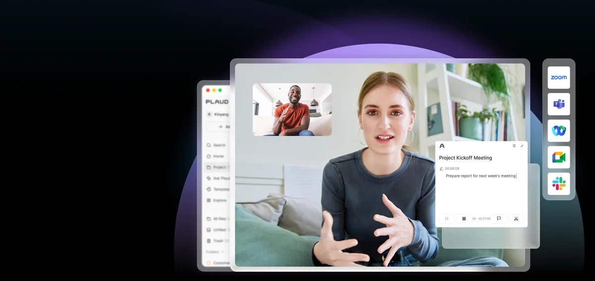 Plaud Desktop nimmt ein Online-Meeting am Computer auf.